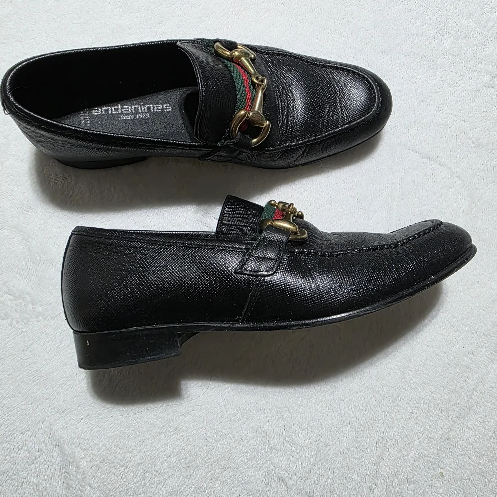 Andanines Boys Green Red Ribbon Chain Slip-On Luxurious Black Leather Loafers 29